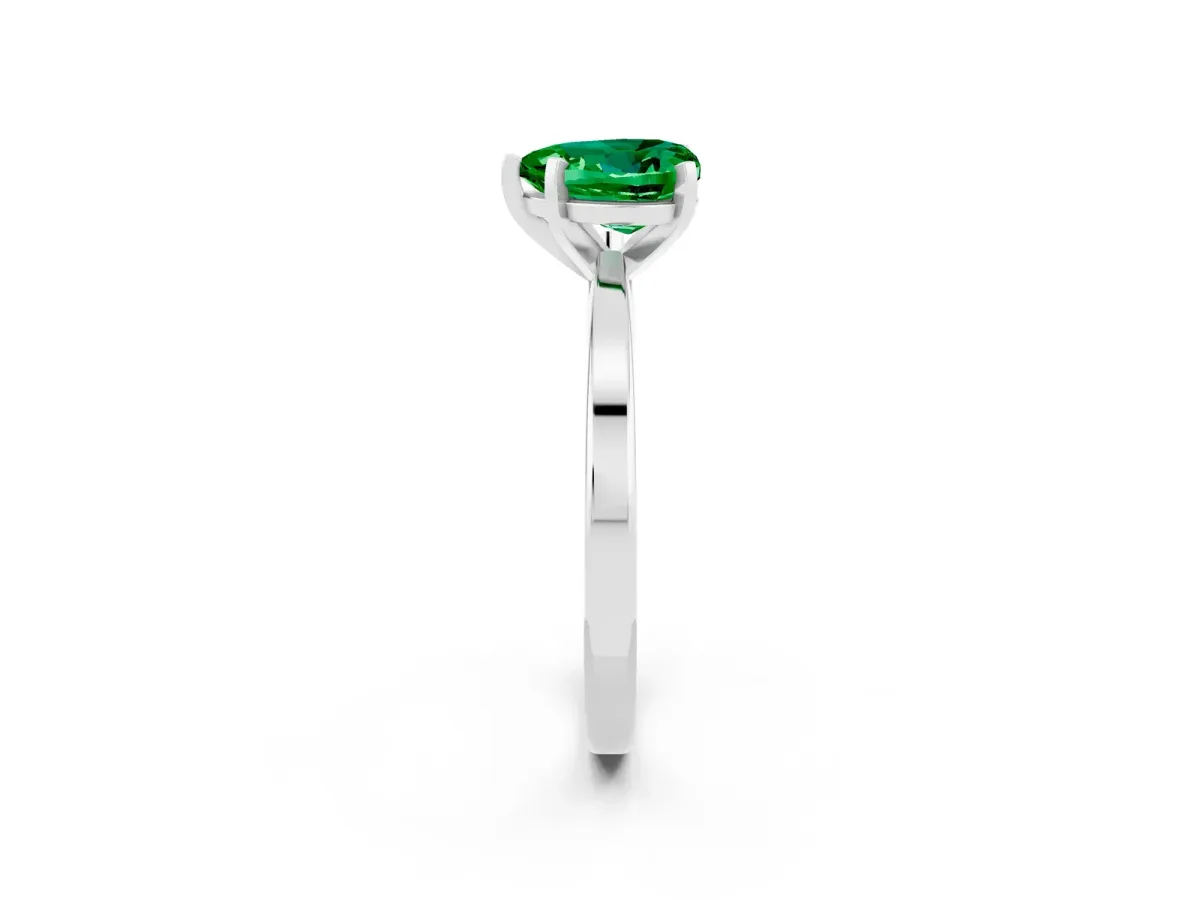Heart Cut Emerald Solitaire Engagement Ring with Classic Band and Four-Prong Setting Silver
