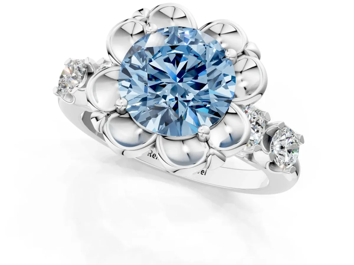 Fancy Blue Round Cut Cut Diamond Floral Halo Engagement Ring with Shared Prong Setting Silver