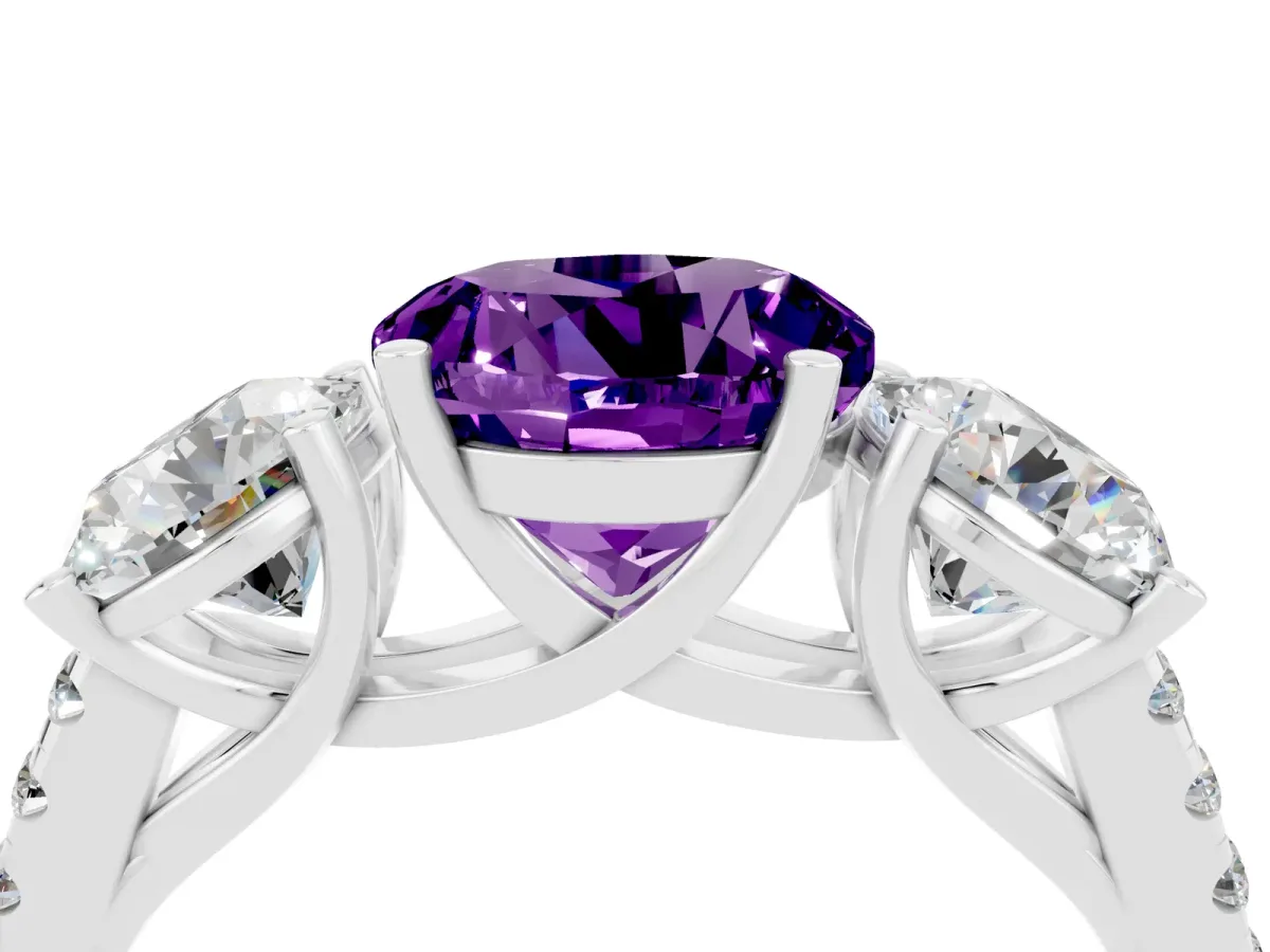 Three-Stone Round Cut Amethyst Ring with Round Pavé Band and Prong Setting White gold