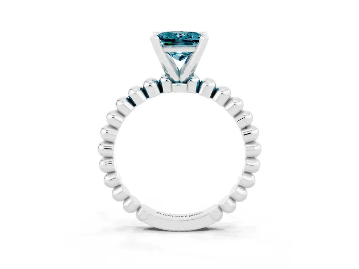 Princess Cut Blue Topaz Solitaire Ring with Beaded Band and Prong Setting Silver