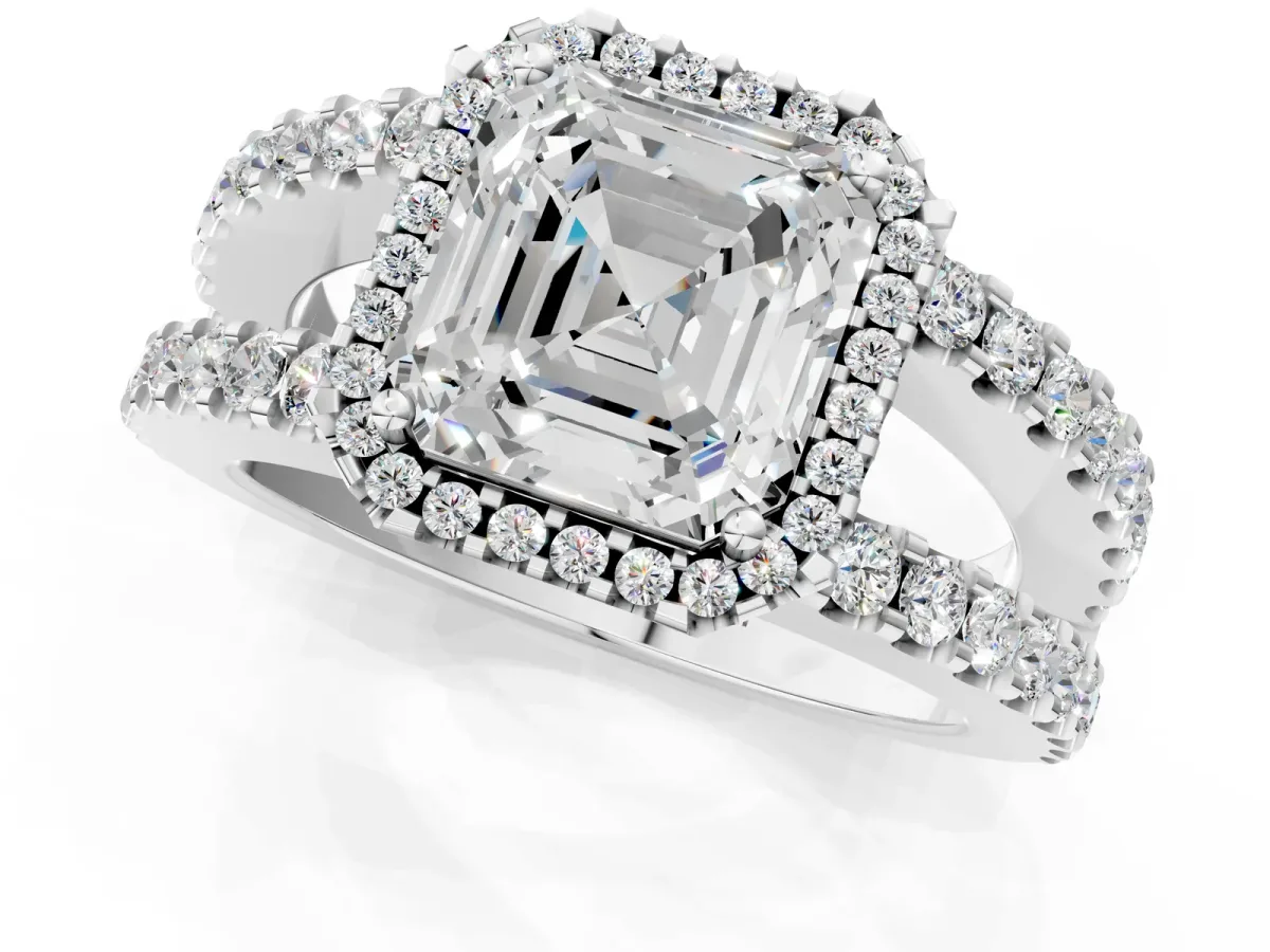 Asscher Cut Cut Halo Split Shank Diamond Ring with Four-Prong Setting Platinum