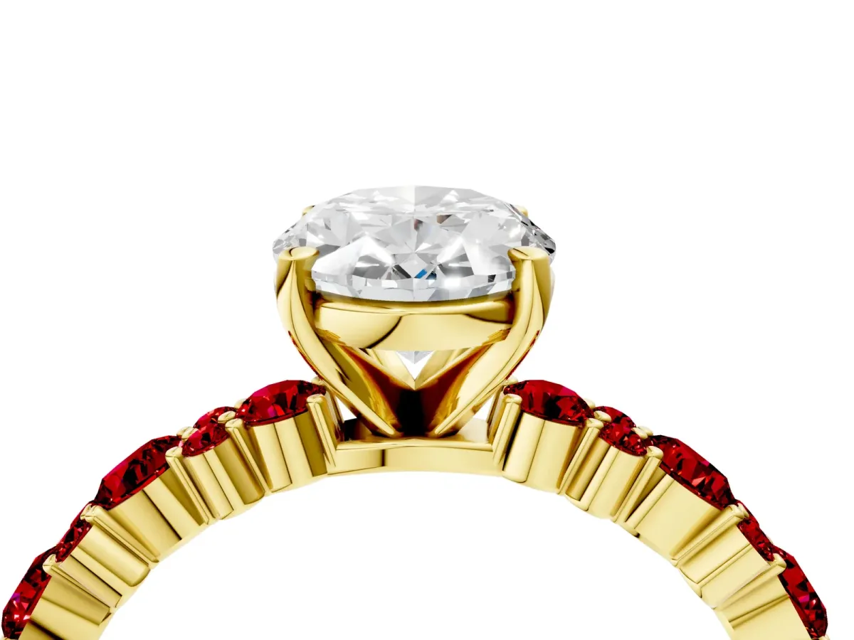 Oval Cut Diamond Side Stone Solitaire Ring with Round Ruby and Four-Prong Setting Yellow gold