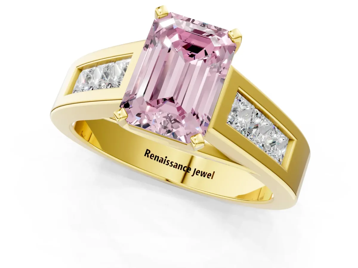 Fancy Pink Emerald Cut Cut Channel Set Solitaire Ring with Four-Prong Setting Yellow gold