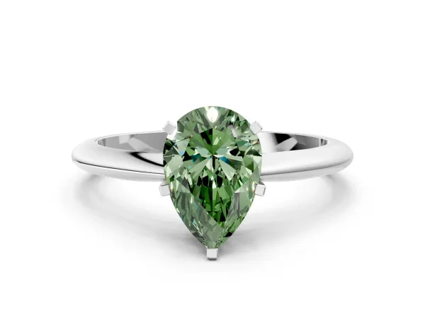 Fancy Green Pear Cut Diamond Solitaire Engagement Ring with Classic Band and Four-Prong Setting Silver