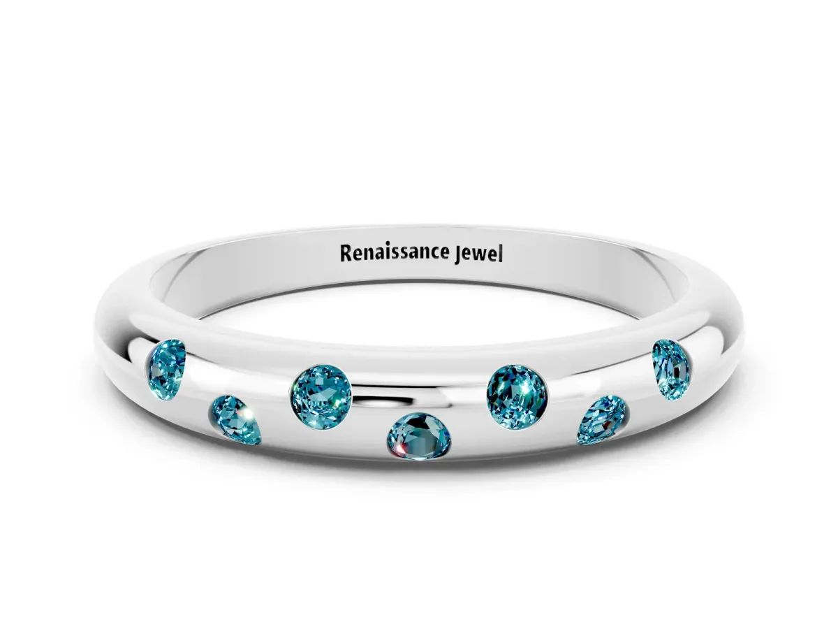 Round Blue Topaz Flush-Set Comfort Fit Band Silver