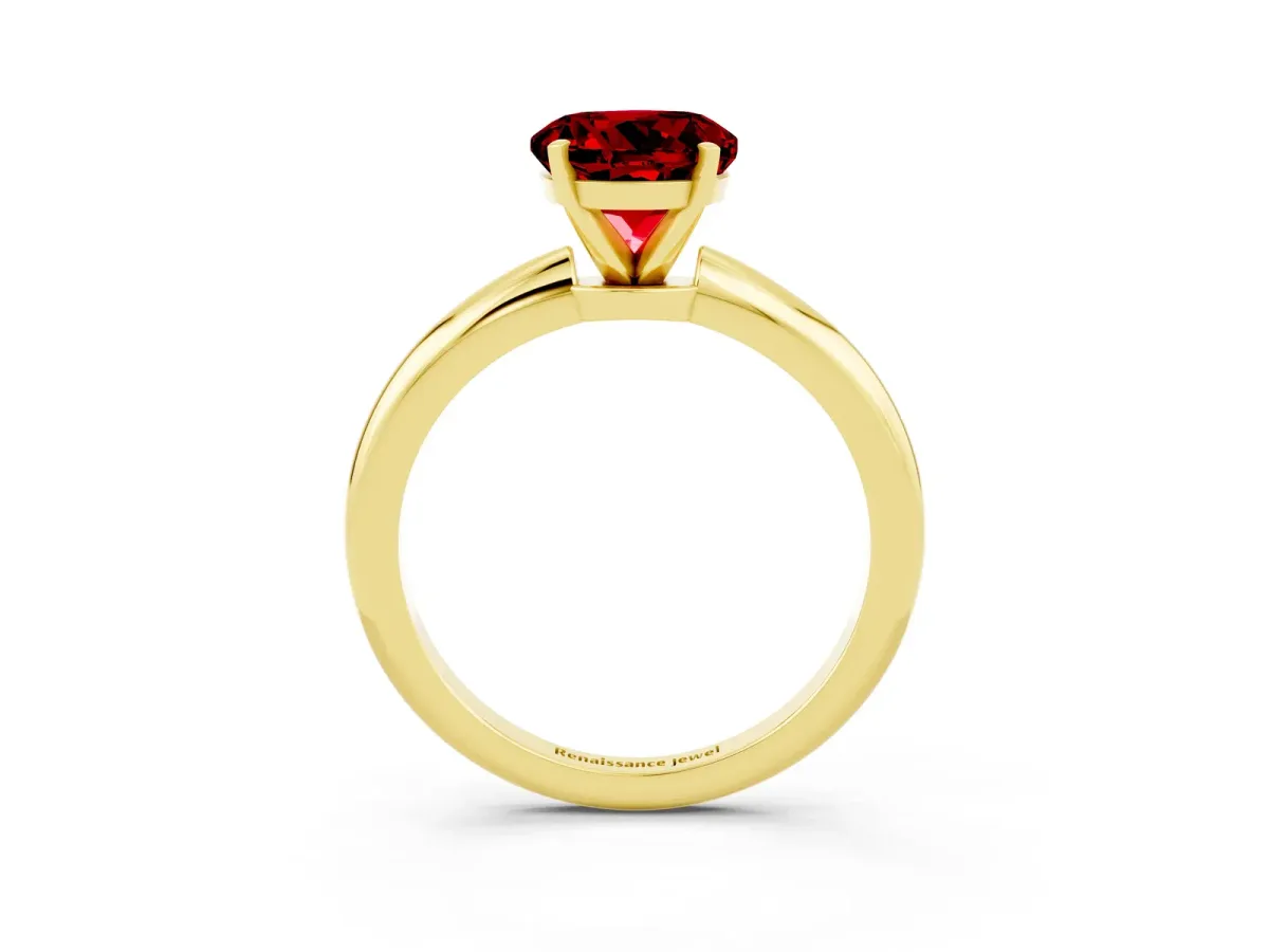 Round Cut Ruby Solitaire Ring with Six-Prong Setting and Classic Band Yellow gold