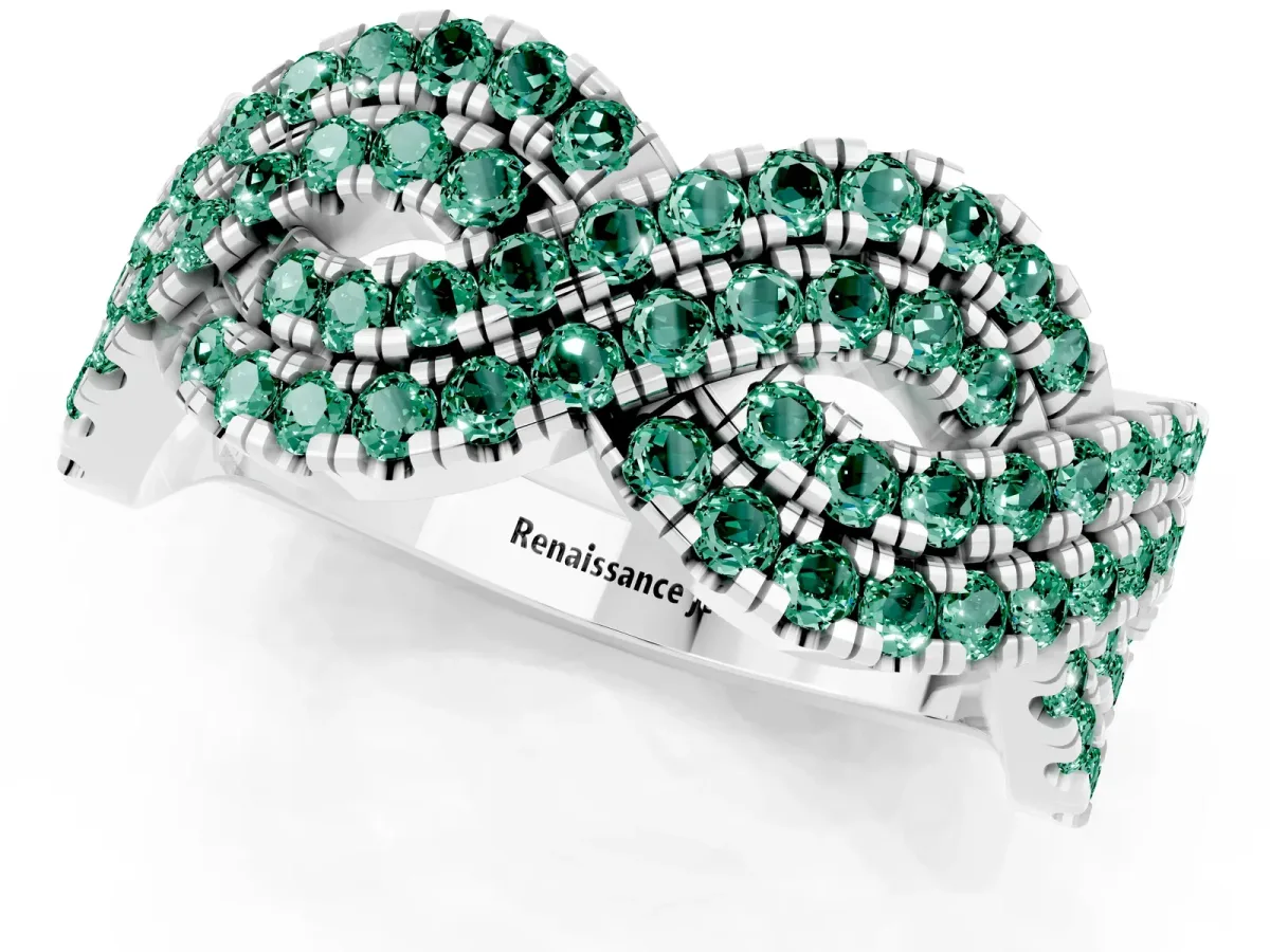 Pavé Round Green Sapphire Infinity Twist Band with Shared Prong Setting White gold