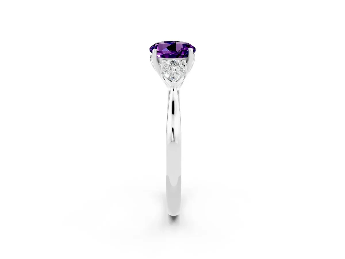 Three-Stone Round Cut Amethyst Ring with Pear Side Stones in Four-Prong Setting Platinum