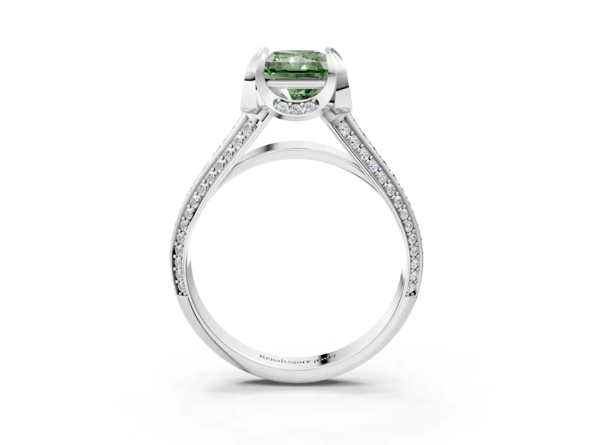 Fancy Green Radiant Cut Solitaire Pave Split Shank Ring with Four-Prong Setting Platinum