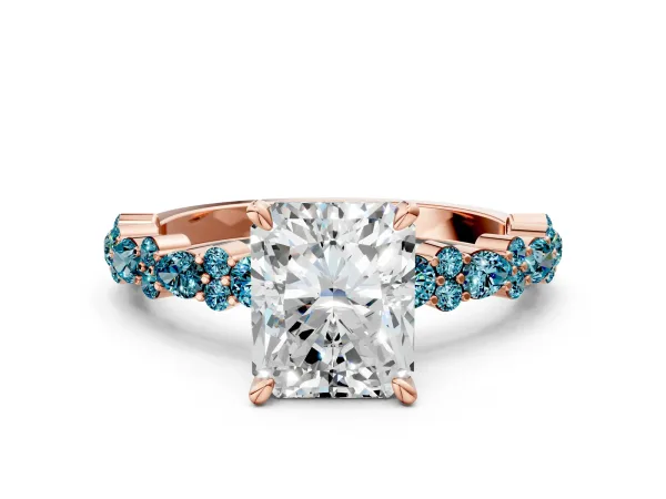 Radiant Cut Diamond Side Stone Solitaire Ring with Round Blue Topaz and Four-Prong Setting Rose gold