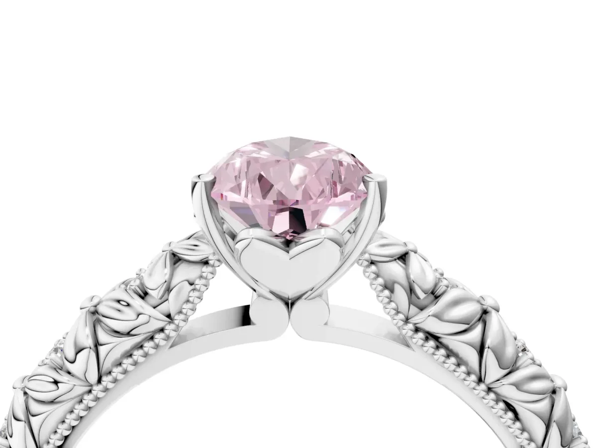 Fancy Pink Pear Cut Solitaire Floral Milgrain Engagement Ring Silver