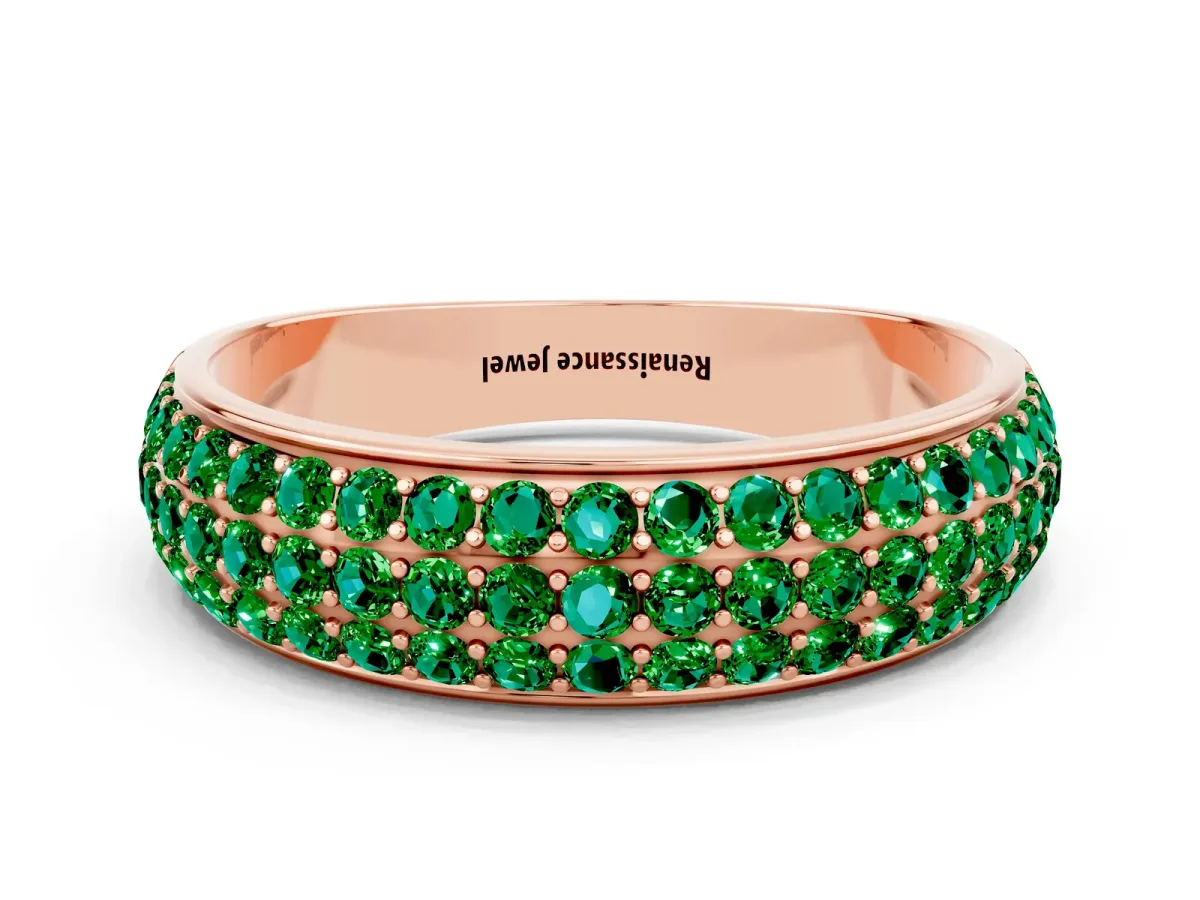 Three-Row Round Emerald Eternity Band with Shared Prong Setting Rose gold