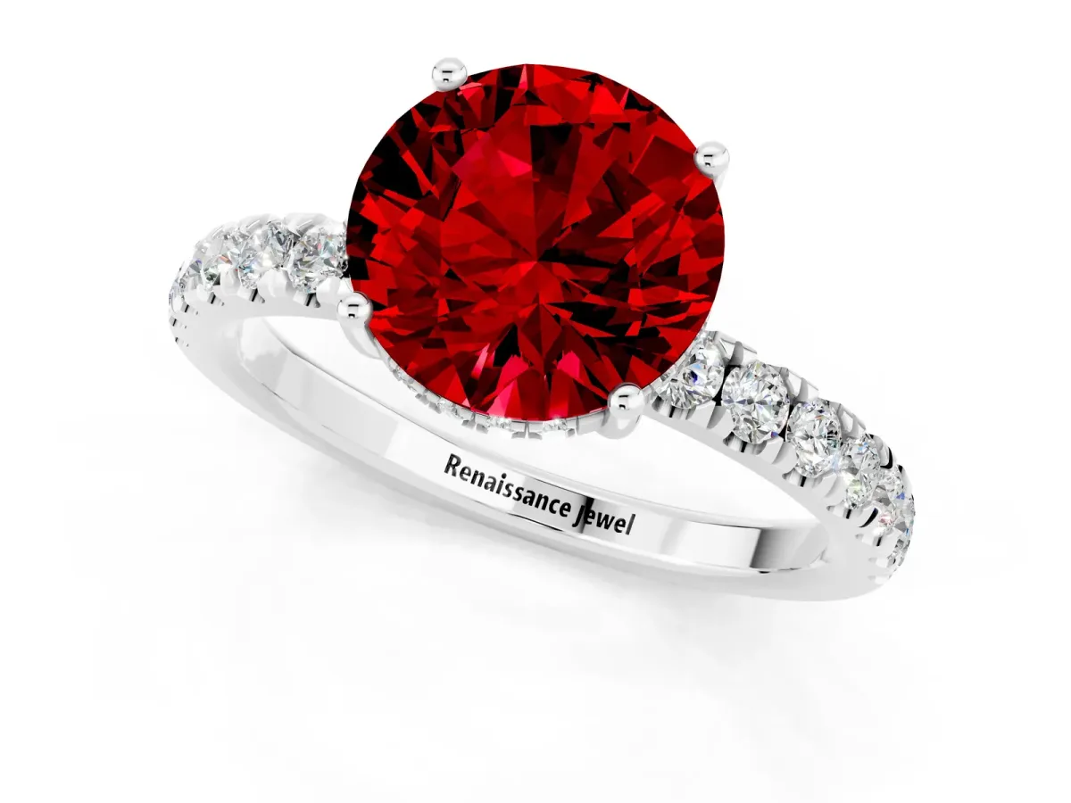 Round Cut Ruby Pave Band Solitaire Ring with Round and Prong Setting Platinum