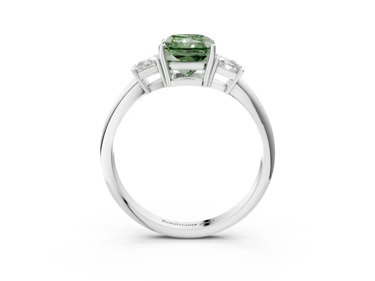 Fancy Green Radiant Cut Diamond Three-Stone Ring with Trapezoid Side Stones and Prong Setting Silver