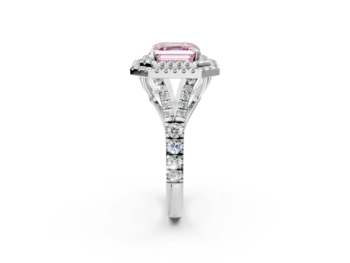 Fancy Pink Asscher Cut Diamond Double Halo Ring with Split Shank and Prong Setting Silver