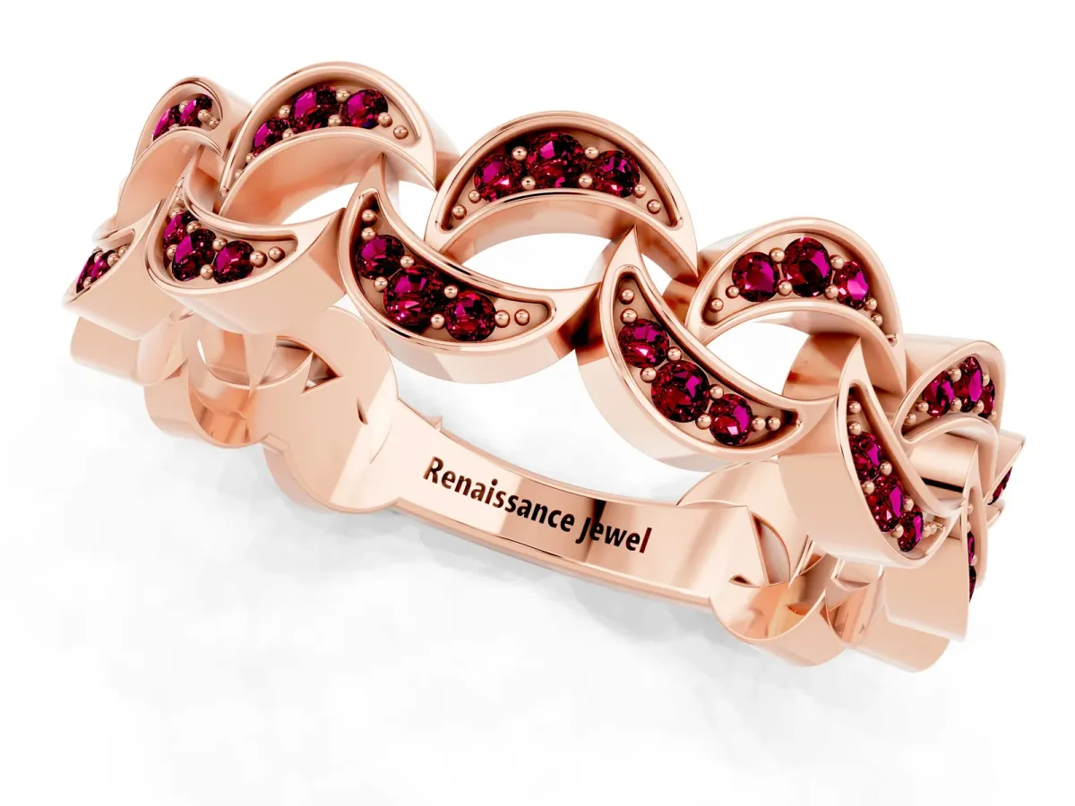 Pavé Round Garnet Interlocking Eternity Band with Bezel Prong Setting Rose gold