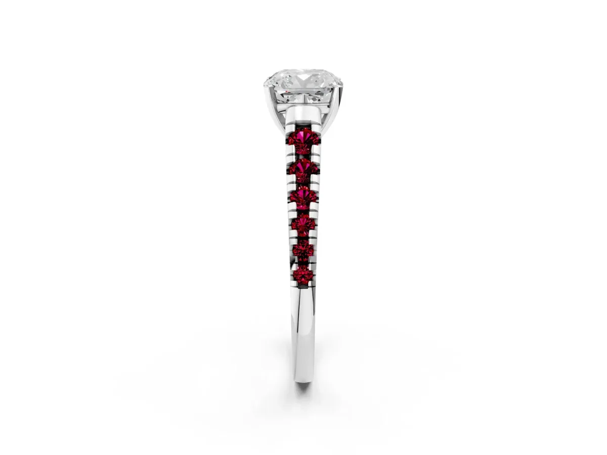 Cushion Cut Diamond Cathedral Solitaire Ring with Round Garnet Pavé Band Silver