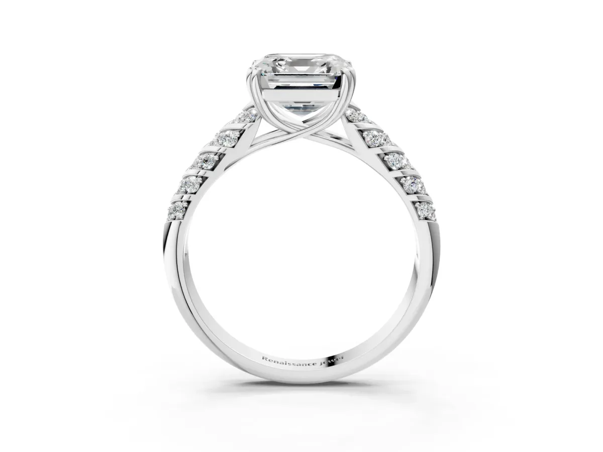 Asscher Cut Solitaire Chevron Pave Diamond Engagement Ring with Six-Prong Setting Platinum