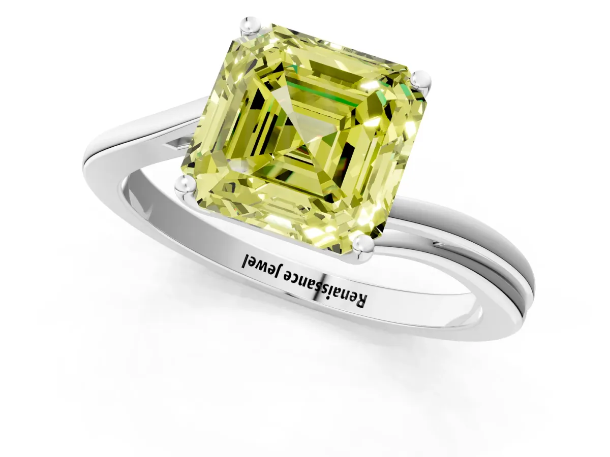 Fancy Yellow Asscher Cut Cut Solitaire Twist Band Ring with Four-Prong Setting Platinum