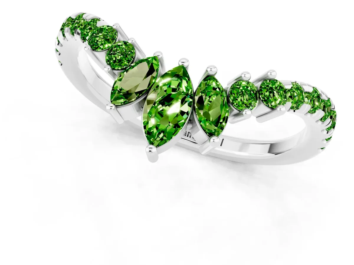 Chevron Marquise and Round Peridot Open Band with Prong Setting Platinum