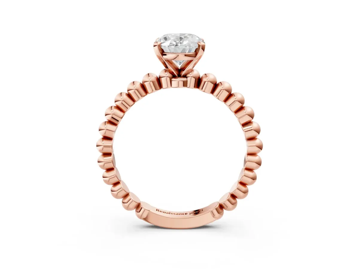 Oval Cut Diamond Solitaire Ring with Beaded Band and Prong Setting Rose gold