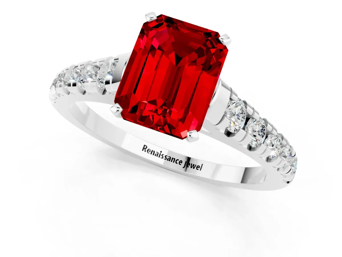 Emerald Cut Ruby Cathedral Solitaire Ring with Round Pavé Band Silver