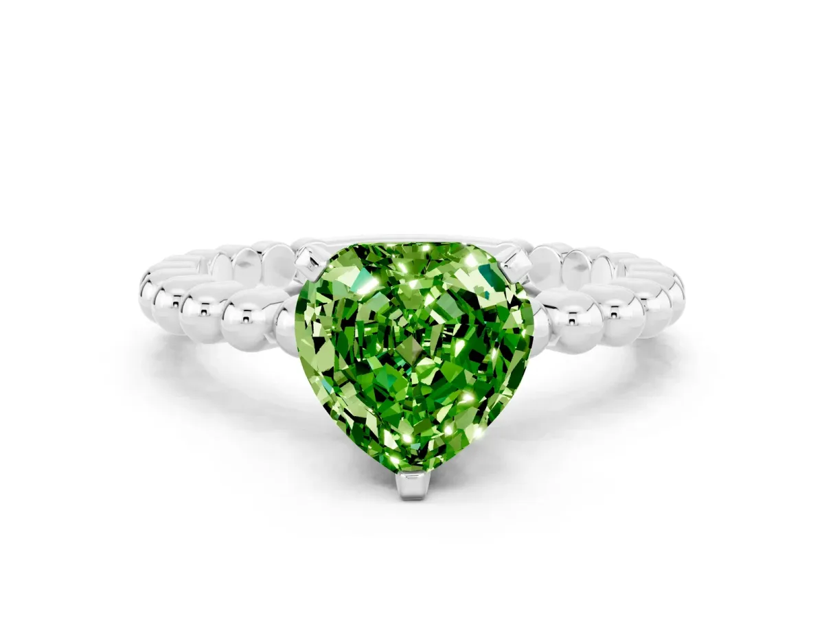 Heart Cut Peridot Solitaire Ring with Beaded Band and Prong Setting Silver