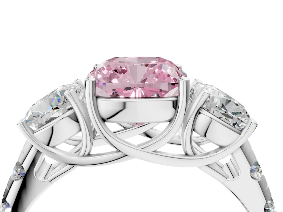 Fancy Pink Three-Stone Cushion Cut Diamond Pavé Band with Prong Setting Platinum