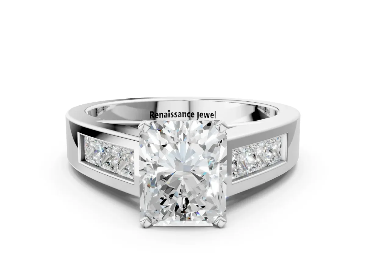 Radiant Cut Cut Channel Set Solitaire Ring with Four-Prong Setting Silver