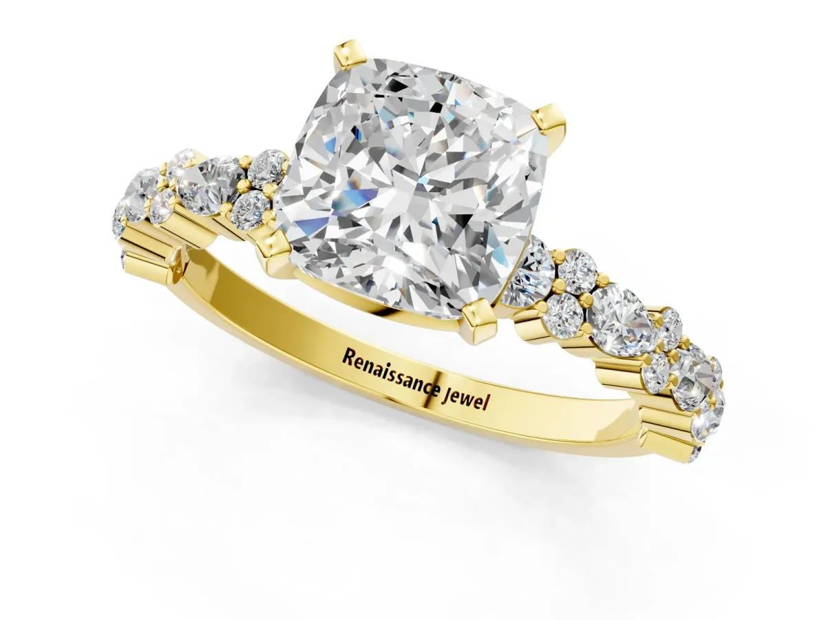 Cushion Cut Diamond Side Stone Solitaire Ring with Round and Four-Prong Setting Yellow gold