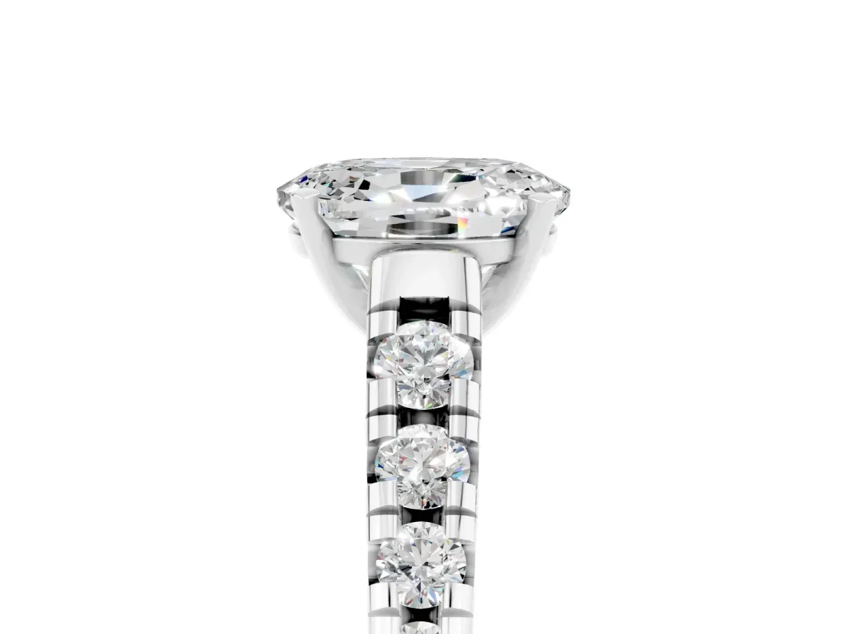 Oval Cut Moissanite Cathedral Solitaire Ring with Round Pavé Band Silver