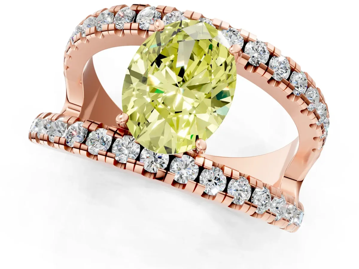 Fancy Yellow Oval Cut Solitaire Split Shank Pave Diamond Ring Rose gold