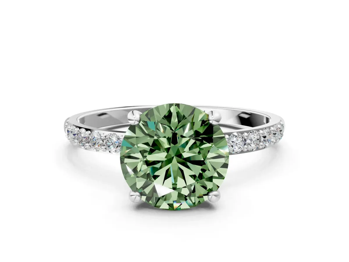 Fancy Green Round Cut Diamond Solitaire Ring with Round Pavé Band and Prong Setting Silver