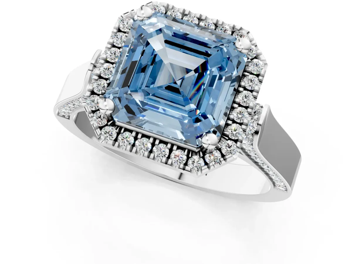 Fancy Blue Asscher Cut Halo Pave Split Shank Prong Setting Ring Platinum