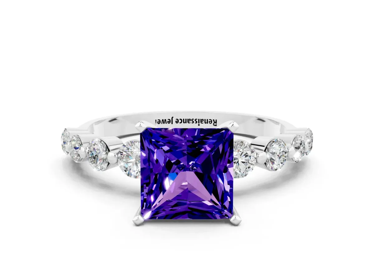 Princess Cut Solitaire Tanzanite Ring with Pave Band and Four-Prong Setting Silver