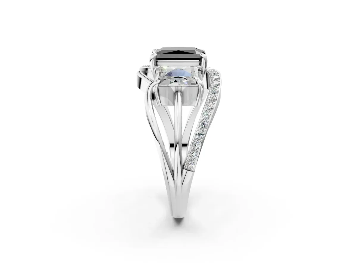 Fancy Black Three-Stone Radiant Cut Cut Diamond Split Shank Prong Set Ring Platinum