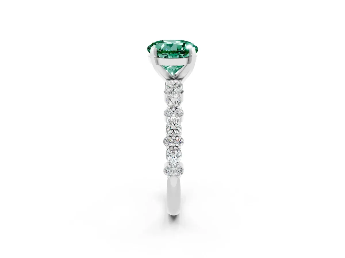 Round Cut Green Sapphire Side Stone Solitaire Ring with Round and Four-Prong Setting Silver