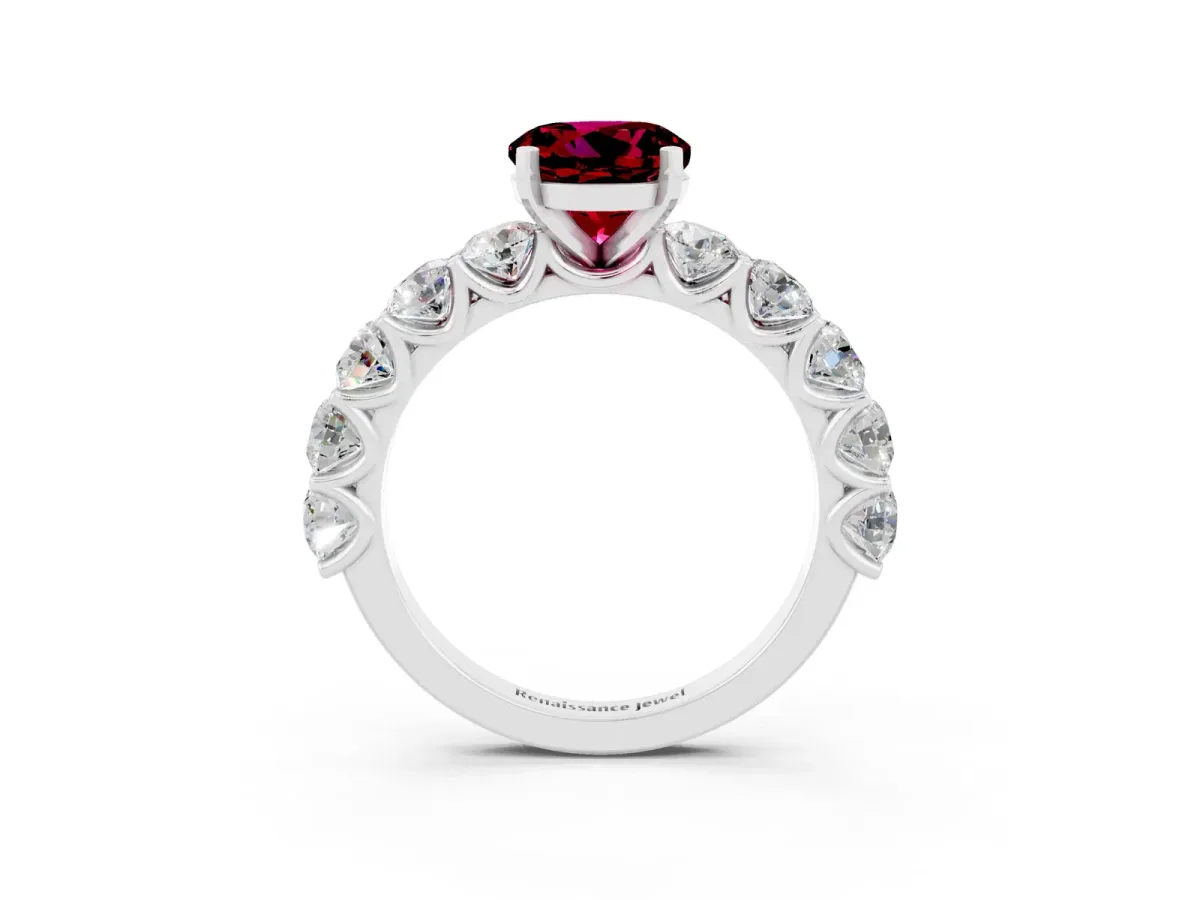 Round Cut Garnet Prong Setting with Side Stones on a Pave Band Platinum