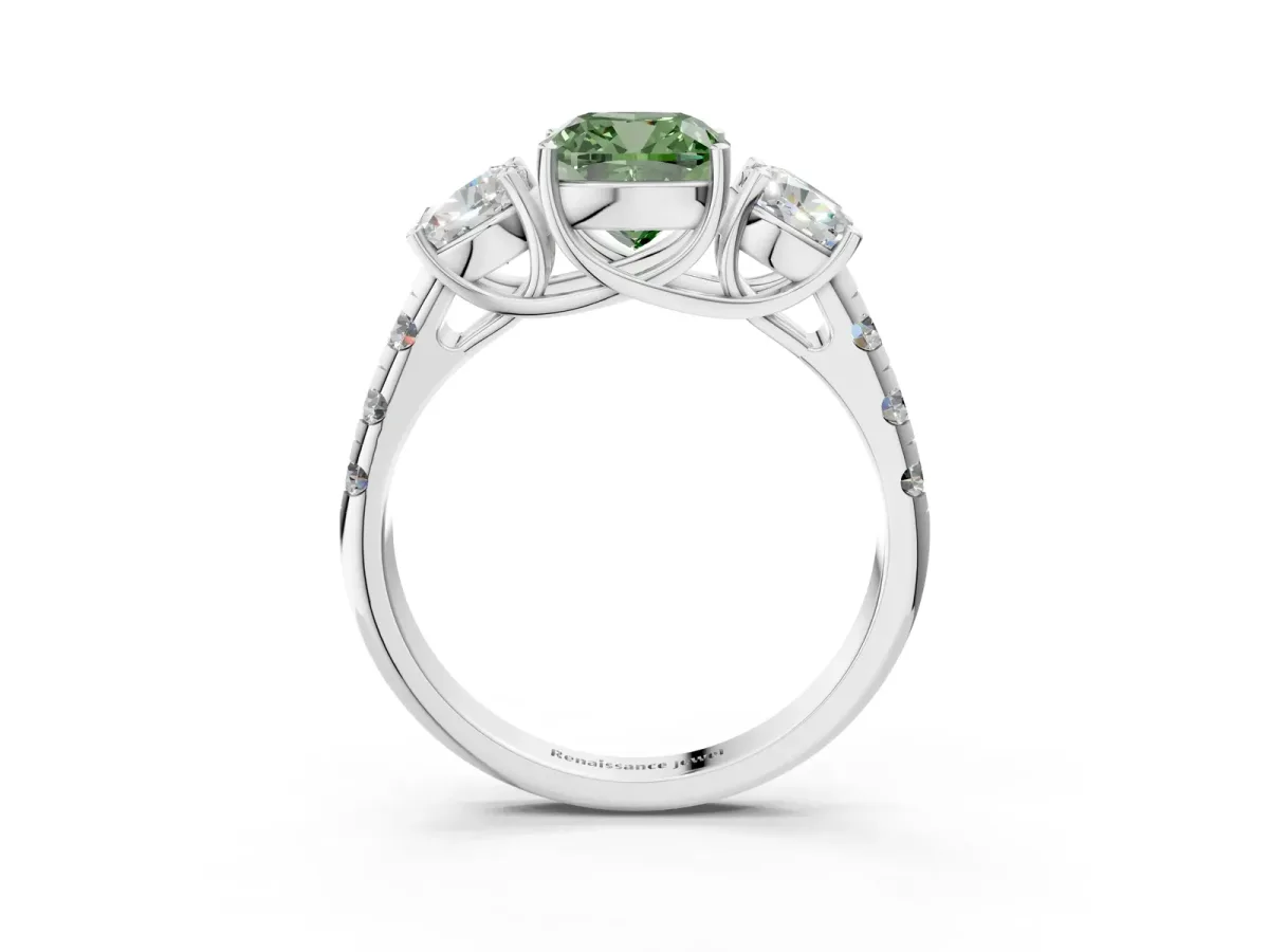 Fancy Green Three-Stone Cushion Cut Diamond Pavé Band with Prong Setting Platinum
