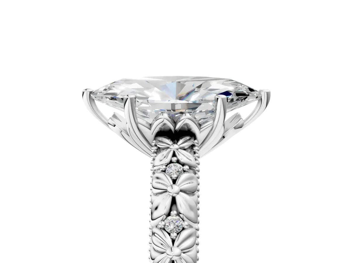 Marquise Cut Solitaire Floral Milgrain Engagement Ring Silver