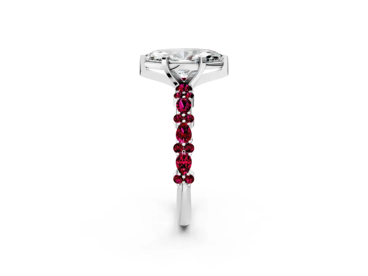 Marquise Cut Diamond Side Stone Solitaire Ring with Round Garnet and Four-Prong Setting Platinum