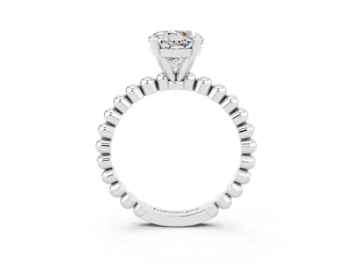 Round Cut Moissanite Solitaire Ring with Beaded Band and Prong Setting Platinum