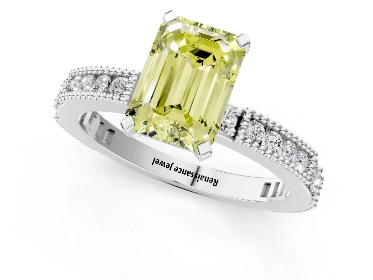 Fancy Yellow Emerald Cut Solitaire with Pavé Band and Four-Prong Setting Silver