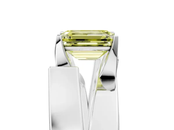 Fancy Yellow Modern Tension Set Emerald Cut Diamond Solitaire Wide Band Ring Platinum