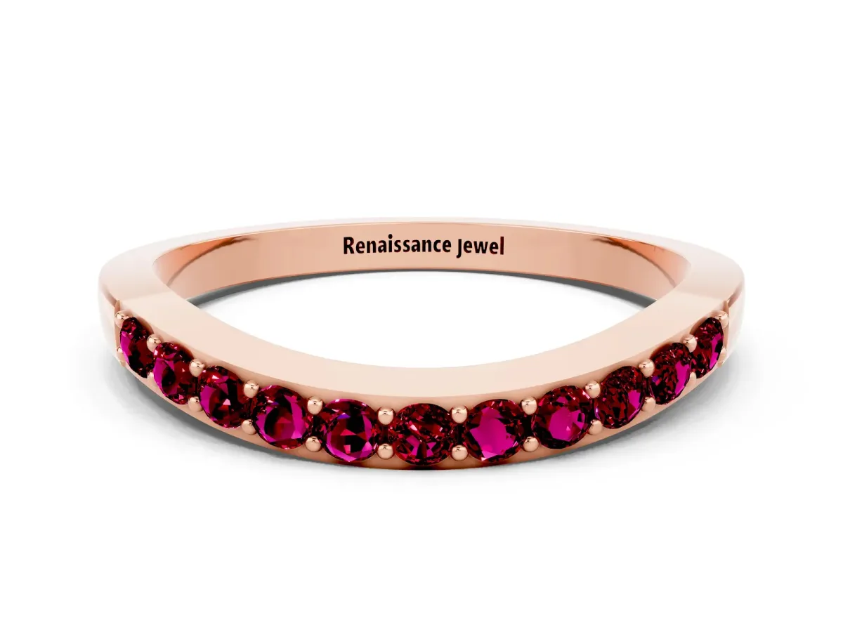 Round Garnet Curved Wedding Band with Channel Setting Rose gold