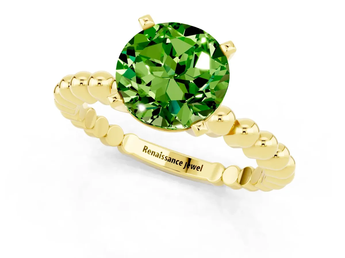 Round Cut Peridot Solitaire Ring with Beaded Band and Prong Setting Yellow gold