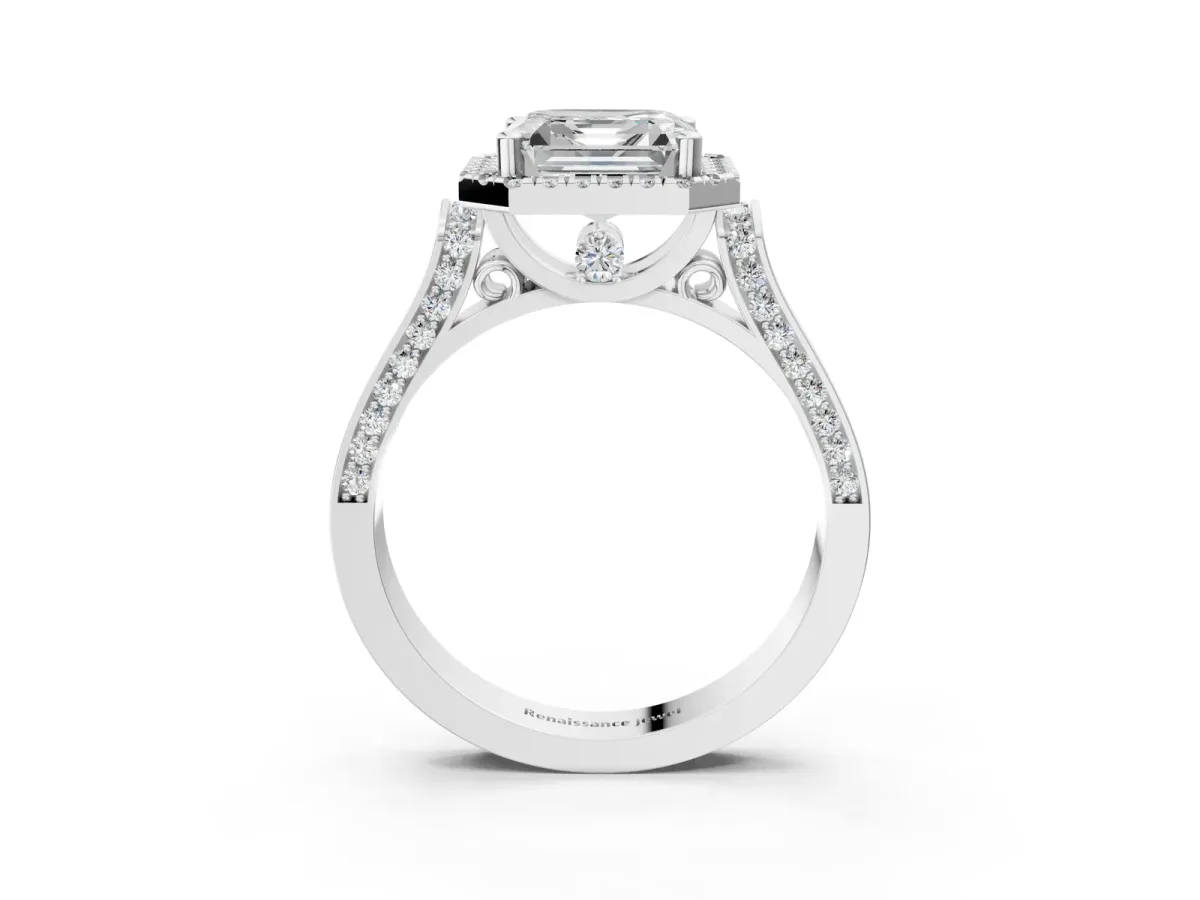 Asscher Cut Halo Pave Split Shank Prong Setting Ring Platinum