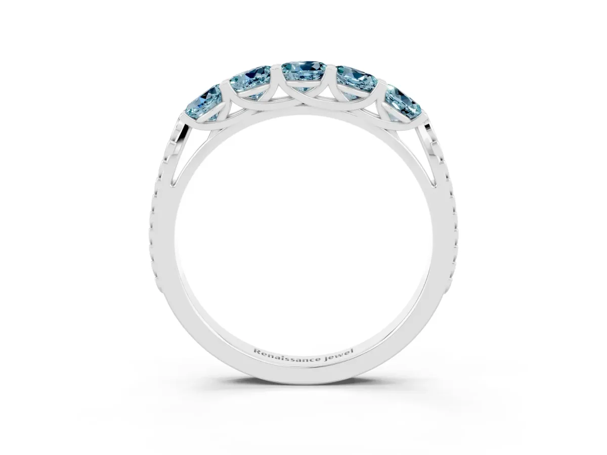 Five-Stone Round Aquamarine Prong-Set Band Silver