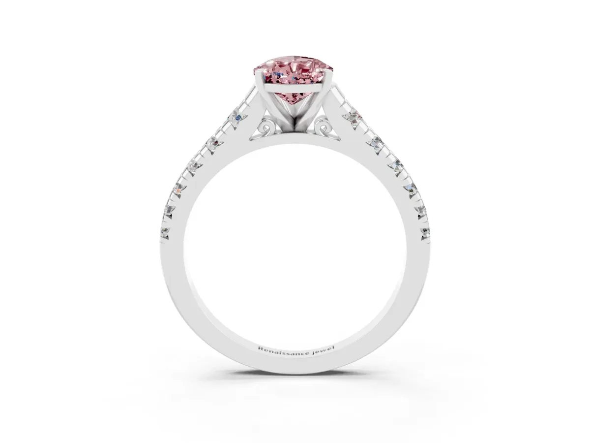 Pear Cut Morganite Cathedral Solitaire Ring with Round Pavé Band Platinum