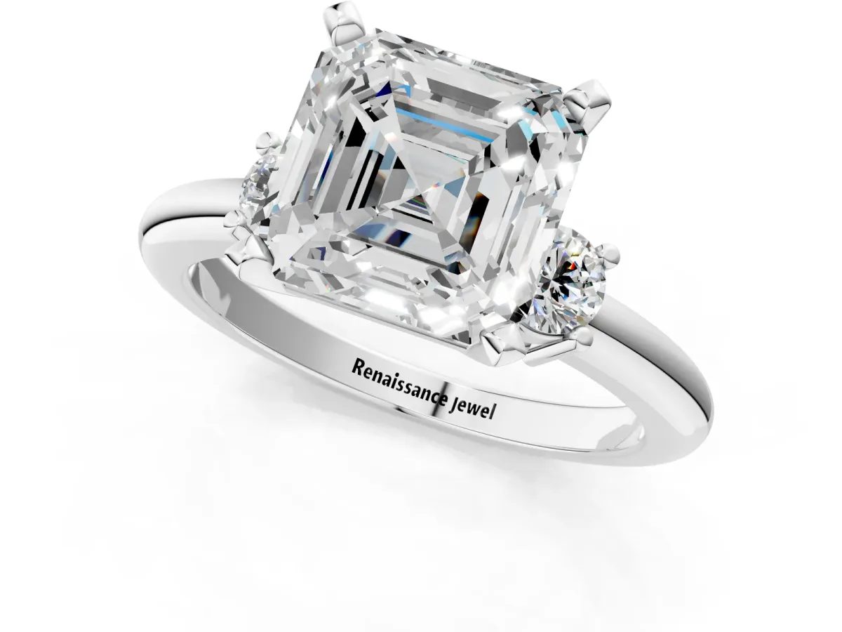 Three-Stone Asscher Cut Cut Diamond Solitaire with Prong Setting and Classic Band Platinum